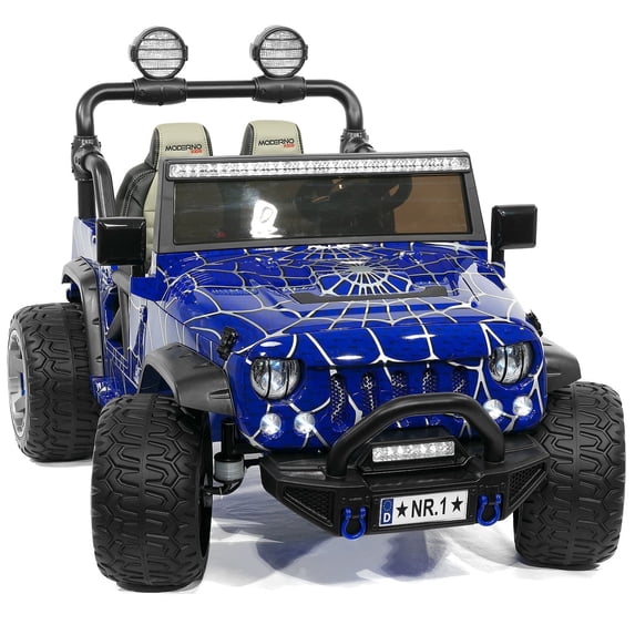 Trail Explorer 24V Kids Ride On Truck With Parental Control Remote, LED Foam Wheels, MP3 + Wireless Music Streaming, Vegan Leather Seats (Spider Blue)