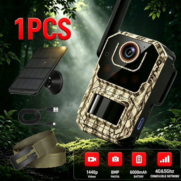 Trail Hunting Tracking Security Camera, 4G/5G Cellular Camera, 1440P 2K QHD Video 28MP Photos, 110 Wide Lens, 10W Fast Solar Panel, 6600Mah Long Battery, IP65