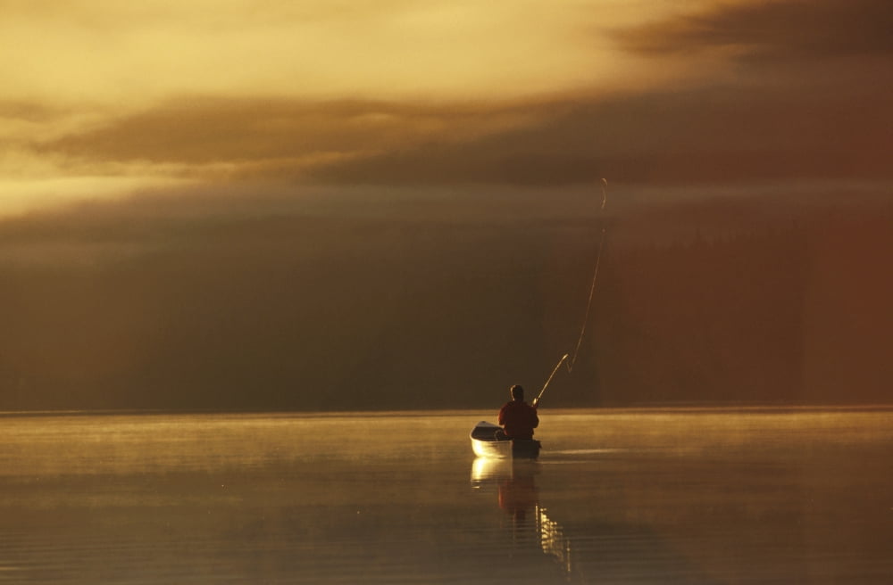 Trail Lake Kenai Peninsula Southcentral Alaska Flyfisherman Canoe Fishing Sunrise Fog Canvas Art - Jeff Schultz  Design Pics (34 x 22)