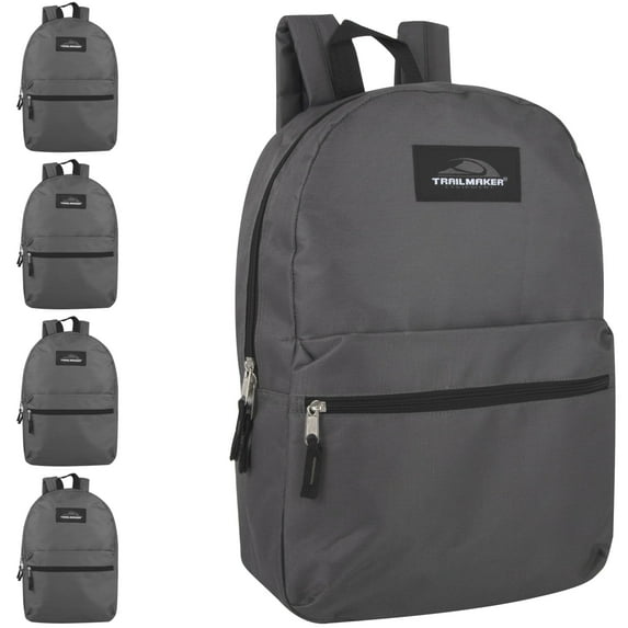 Trail Maker 24 Pack of Bulk Wholesale Basic and Classic 17 Inch Backpacks with Front Accessory Pocket, Dual Zipper Closure and Padded Adjustable Shoulder Straps for Travel in Gray