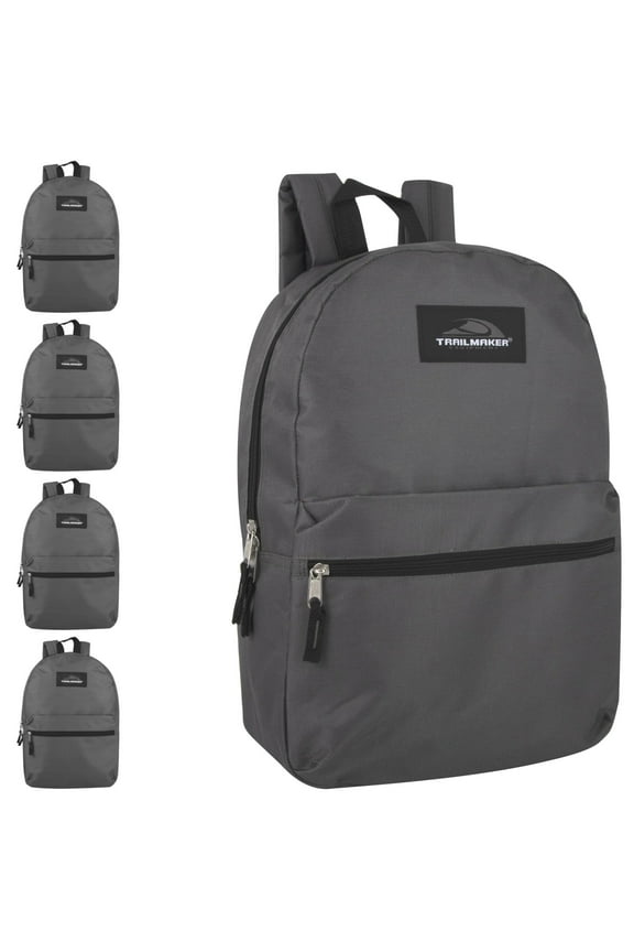Trail Maker 24 Pack of Bulk Wholesale Basic and Classic 17 Inch Backpacks with Front Accessory Pocket, Dual Zipper Closure and Padded Adjustable Shoulder Straps for Travel in Gray