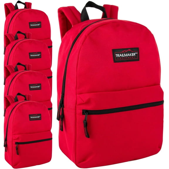 Trail Maker 24 Pack of Bulk Wholesale Basic and Classic 17 Inch Backpacks with Front Accessory Pocket, Dual Zipper Closure and Padded Adjustable Shoulder Straps for Travel & Commuting in Red