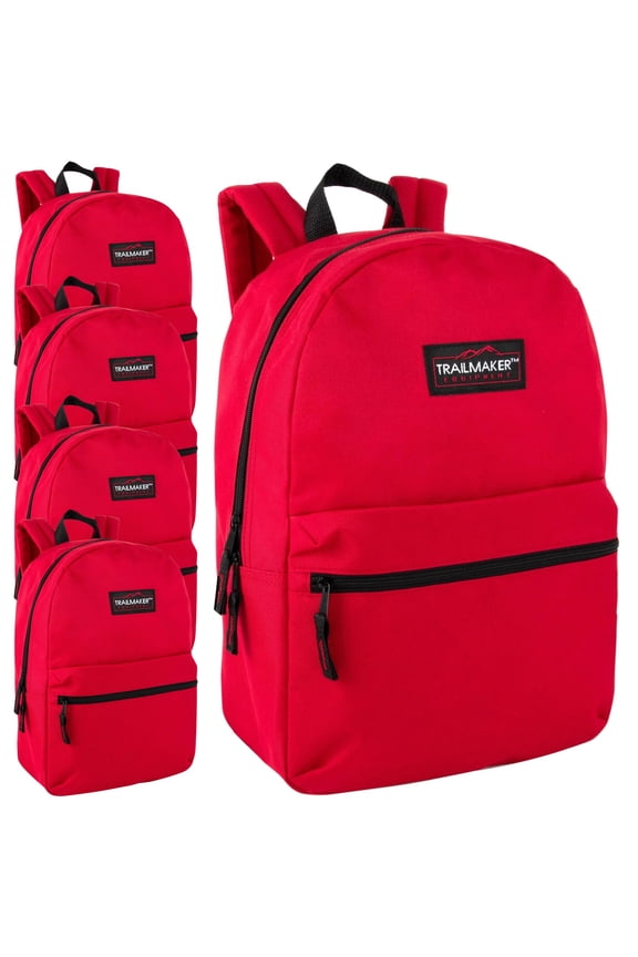 Trail Maker 24 Pack of Bulk Wholesale Basic and Classic 17 Inch Backpacks with Front Accessory Pocket, Dual Zipper Closure and Padded Adjustable Shoulder Straps for Travel & Commuting in Red