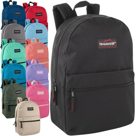 Trail Maker 24 Pack of Bulk Wholesale Basic and Classic 17 Inch Backpacks with Front Accessory Pocket and Dual Zipper Closure for Travel & Commuting in Assorted 12 Color Pack