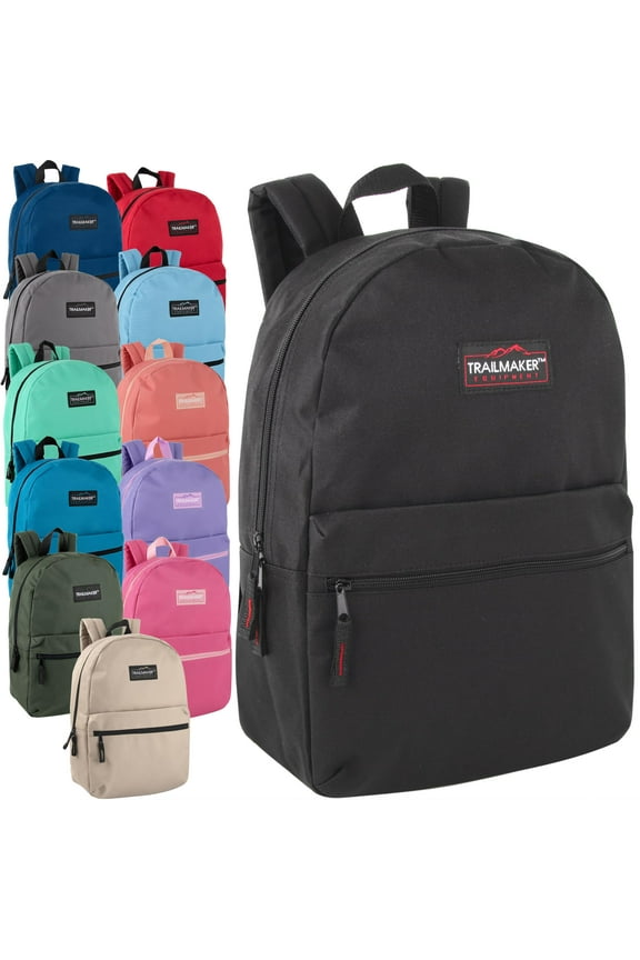 Trail Maker 24 Pack of Bulk Wholesale Basic and Classic 17 Inch Backpacks with Front Accessory Pocket and Dual Zipper Closure for Travel & Commuting in Assorted 12 Color Pack