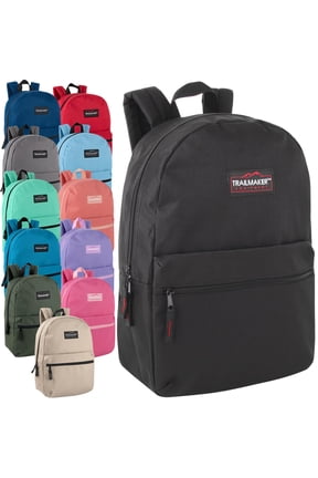Trail Maker 24 Pack of Bulk Wholesale Basic and Classic 17 Inch Backpacks with Front Accessory Pocket and Dual Zipper Closure for Travel & Commuting in Assorted 12 Color Pack