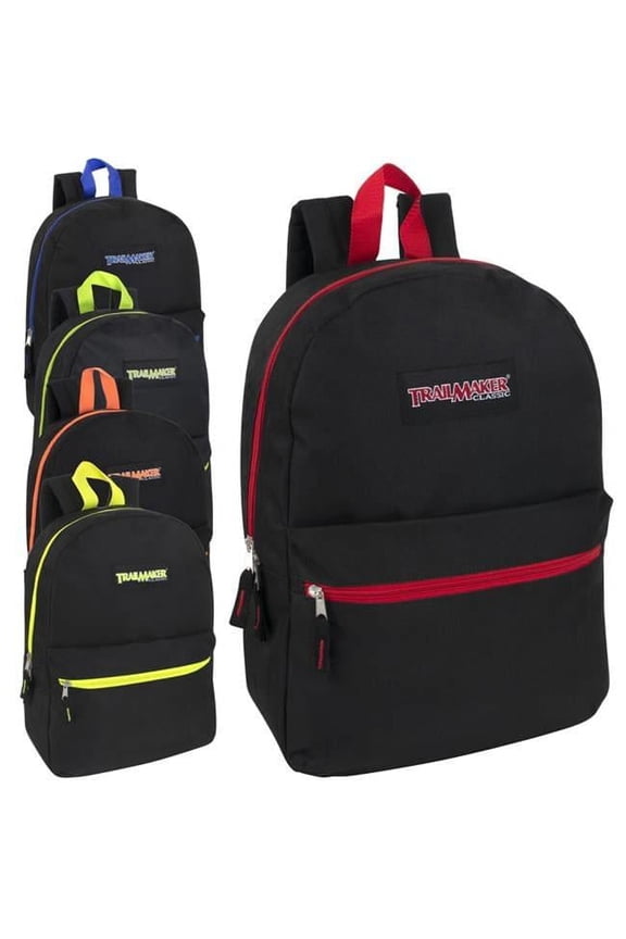 24 pack Classic 17 inch Backpacks with Front Pocket, Dual Zipper Closure for Travel & Commuting in Assorted Black Trim Colors