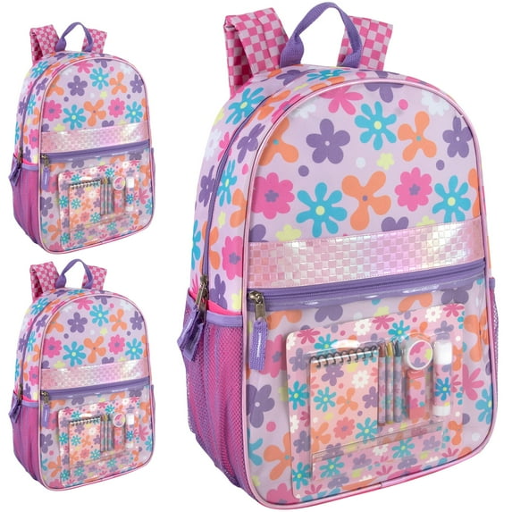24 Pack of Bulk Wholesale Floral Backpacks with 8 Piece Stationary Kits Containing 3 Crayons, 1 Ruler, 1 Eraser, 1 Pencil Sharpener & More!