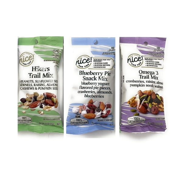 Trail Mix 3 Variety Pack Blueberry Pie, Hikers, Omega 3, Total 3 Sampler Pack, Nice 2.25oz