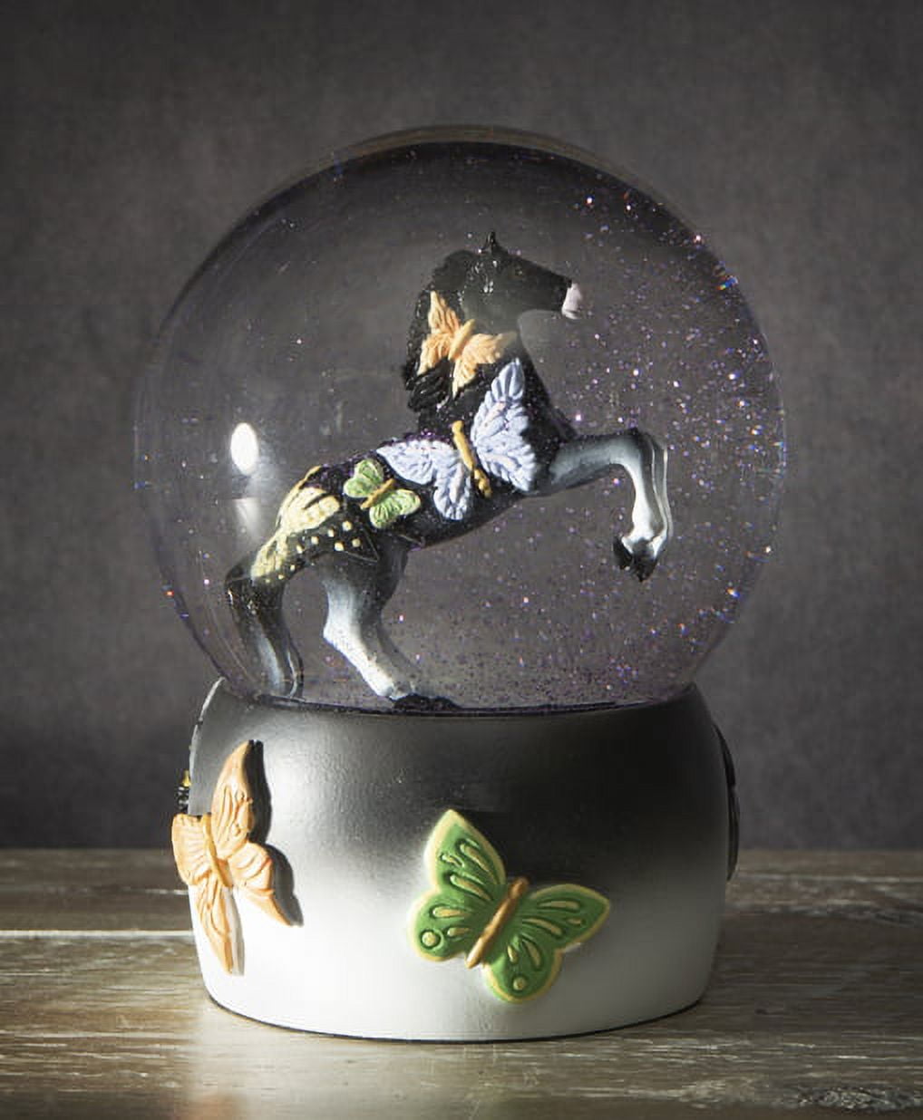 Black Beauty Butterflies Horse Resin and Glass Water Globe