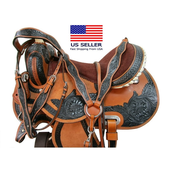 Trail Saddle Western Barrel Racing Horse Pleasure Tooled Leather Tack 15 16 17 18 With Headstall Breast Collar Reins | Free Shipping