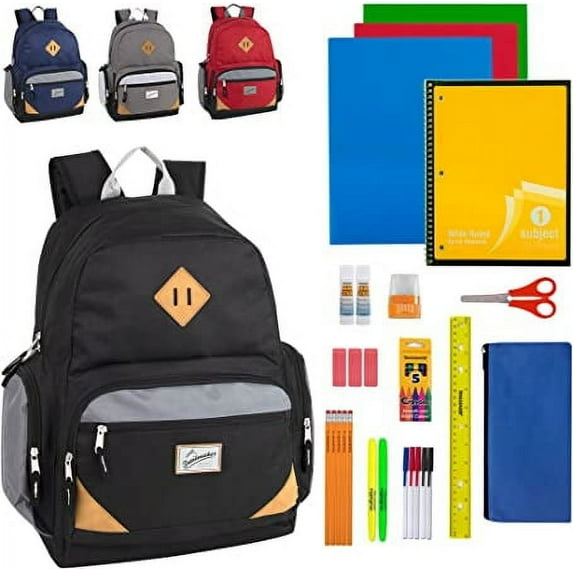 12 Pack of Bulk Whole 19 Inch Backpacks Each Containing 30 Piece Stationary Kits with Pens, Pencils, Folders and More!