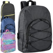 24 Pack of Bulk Wholesale Fun Printed & Bungee Cord Backpacks for Commuting and Travel in Mixed Color Pack