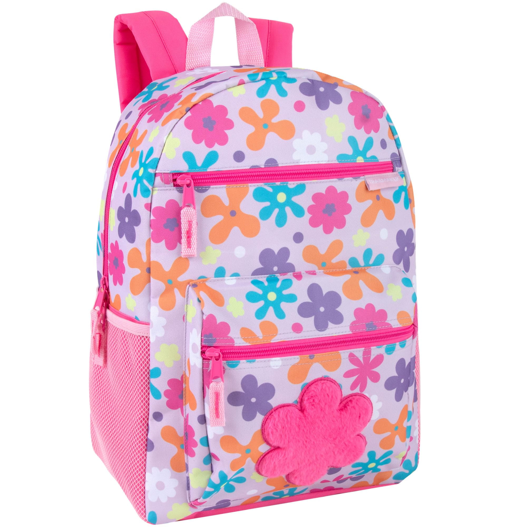 Girls 17 Inch Multipocket Printed Pocket Backpack for School, Camp, Travel, Commuting and Recreation with Plush Applique in Plush Floral Frenzy
