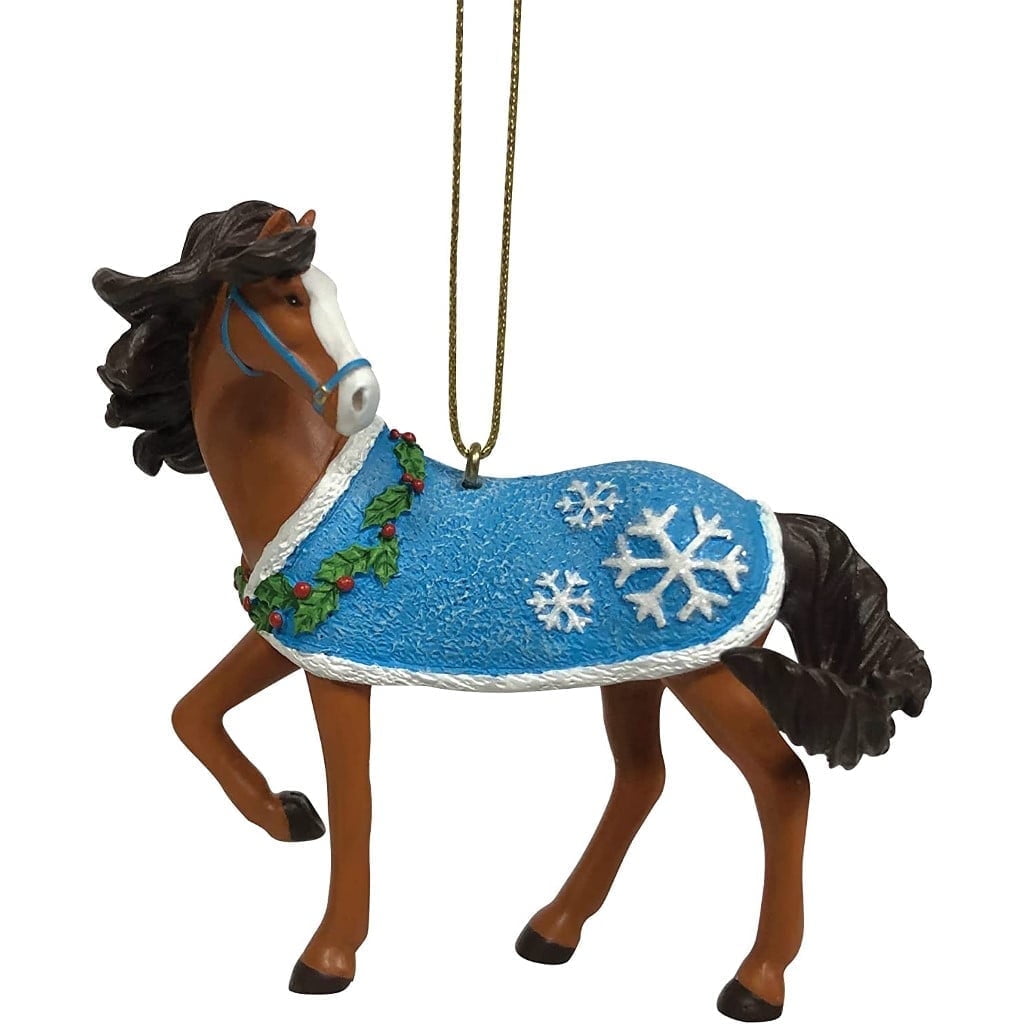 Snow Ready Brown and Blue Resin Horse Ornament