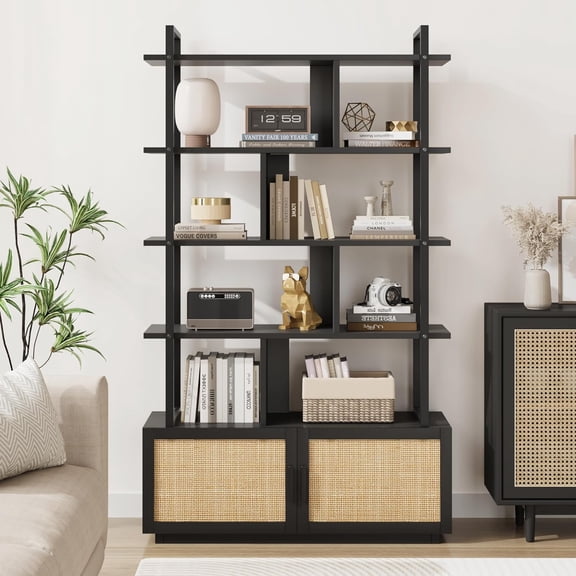 TrailBlaze 5-Tier Rattan Bookshelf with Storage Cabinet, 71.1'' Tall Industrial Book Shelf with Open Display Shelves, 5 Shelf Bookcase with Metal Frame for Living Room, Bedroom - Black