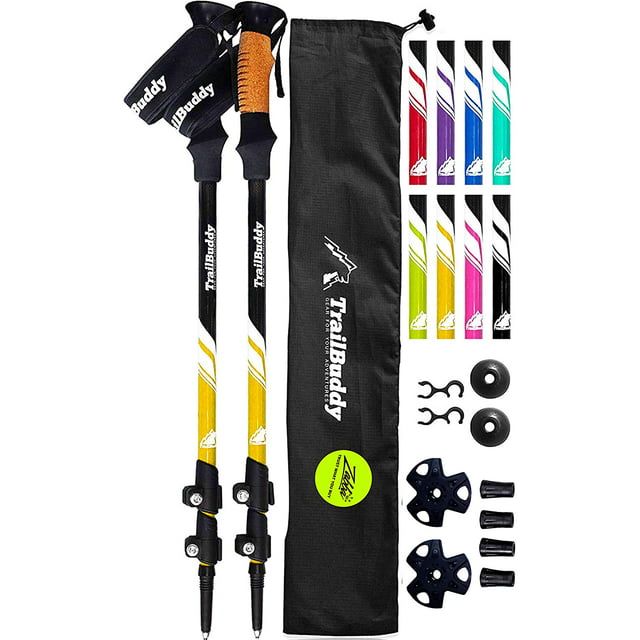 TrailBuddy Lightweight Trekking Poles, Set of 2 Pack Adjustable Aluminum Hiking or Walking Sticks, Quick Adjust Flip-Lock, Cork Grip, Padded Strap, Bumblebee Yellow