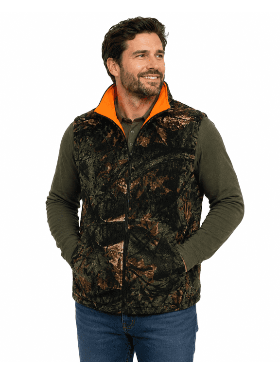 TrailCreset Men's Reversible Camo & Blaze Orange Fleece Full Zip Hunting Vest , XL