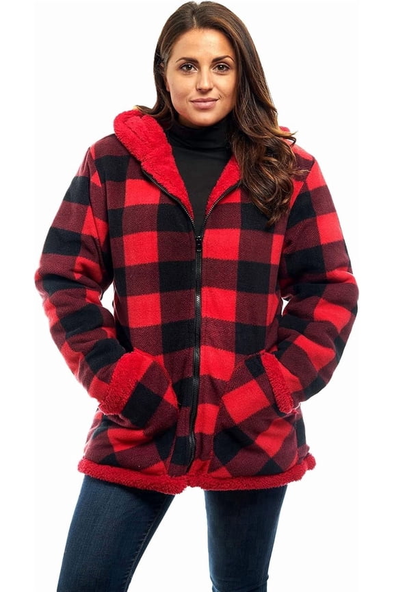 Ladies Smart Plush Sherpa Lined Hooded Sweater Jacket, Zip Up, Red Plaid, XL