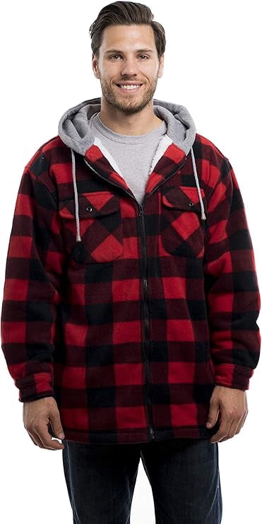 TrailCrest Men's Warm Sherpa Lined Hoodie Fleece Shirt Jacket, Classic Zip Up Buffalo Plaid, Red Plaid, Large