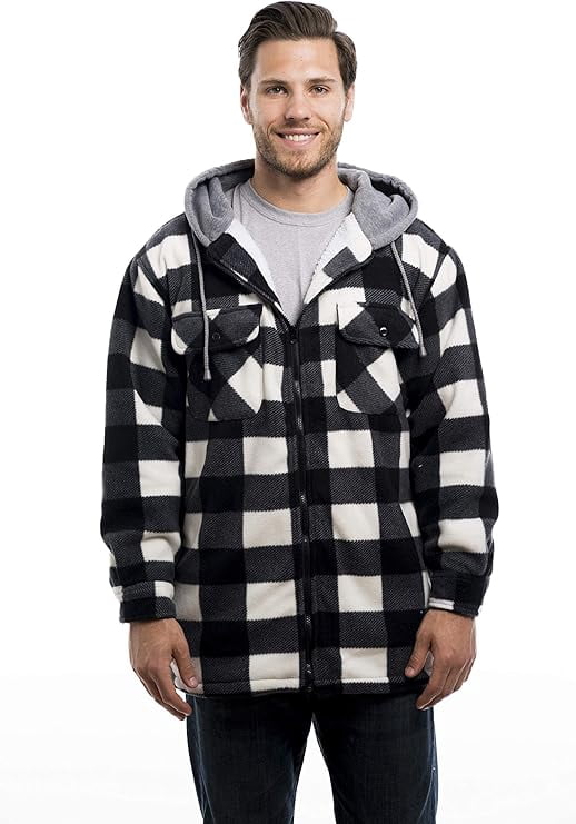 TrailCrest Men's Warm Sherpa Lined Hoodie Fleece Shirt Jacket, Classic Zip Up Buffalo Plaid, White Plaid, Large