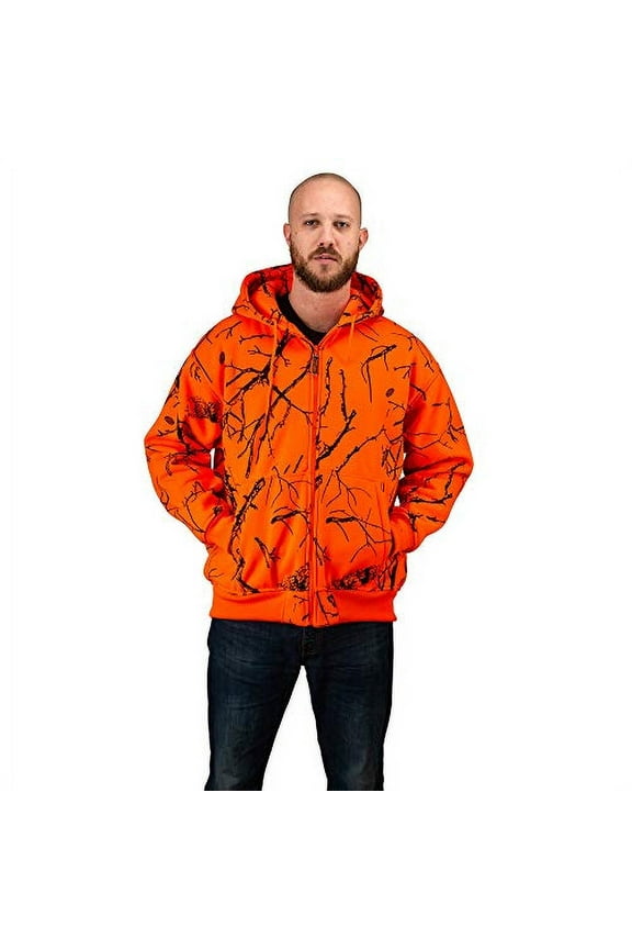 Safety Full Zip Thick Fleece Hooded Sweatshirt Hunting Jacket, L, Orange Camo