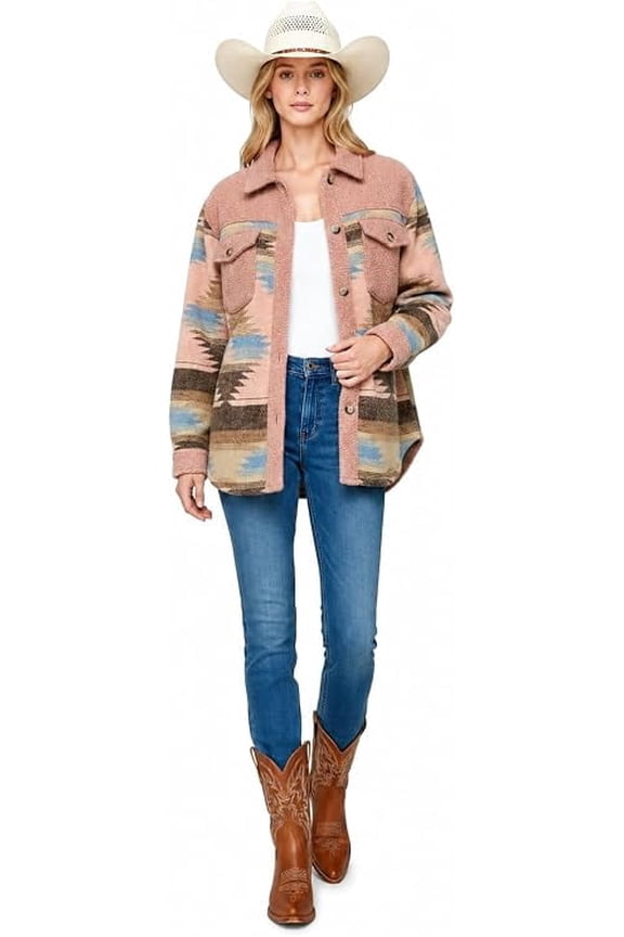 Women's Aztec Jacquard Weave Shacket Jacket | Soft Western Southwest Button-Up Shirt Jacket with Chest Pockets, Pink, Small