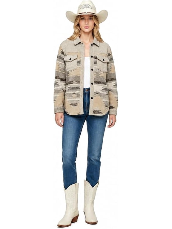 Women's Aztec Jacquard Weave Shacket Jacket | Soft Western Southwest Button-Up Shirt Jacket with Chest Pockets, White, Medium