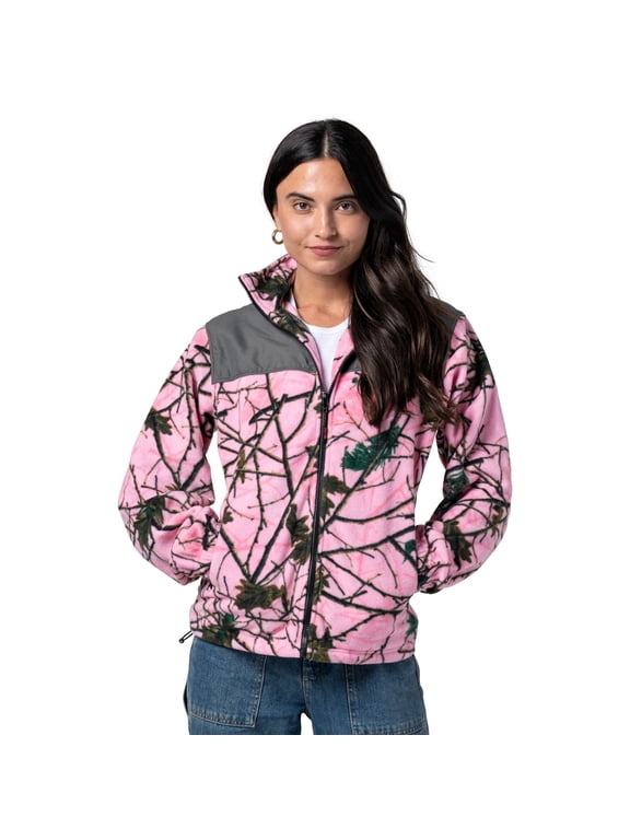 Women’s Fleece Long Sleeve Full Zip Jacket Coat, Pink Camo & Grey, 2X