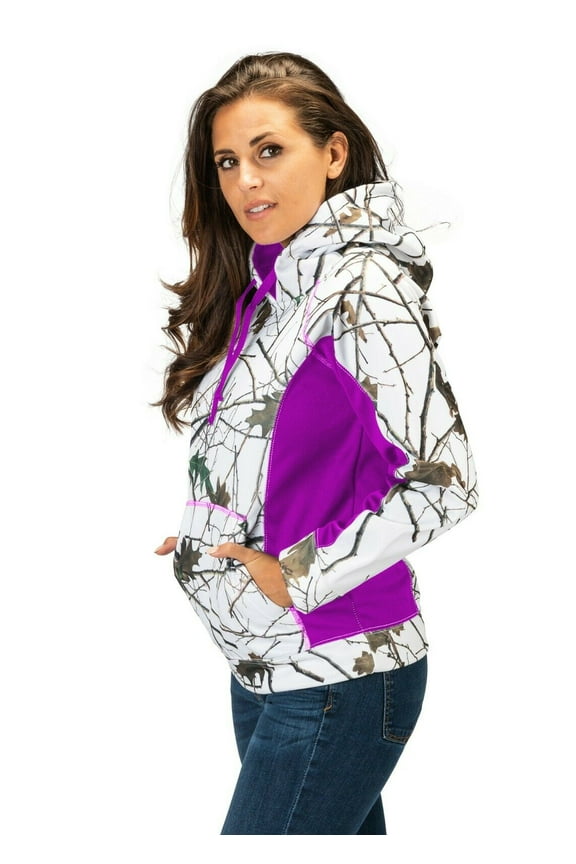 Womens Snow Camo Soft Shell Hoodie Jacket, Purple, Small