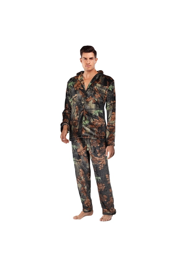 Camo Soft Plush Fleece Button Down Long Sleeve Shirt and Pants Pajama Lounge Set, 3X