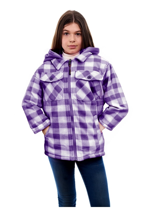 by Treel Kids Hooded Fleece Jacket – Warm Zip Up Plaid Coat with Pockets, Checkered Winter Outerwear, Purple & White Plaid, 7/8