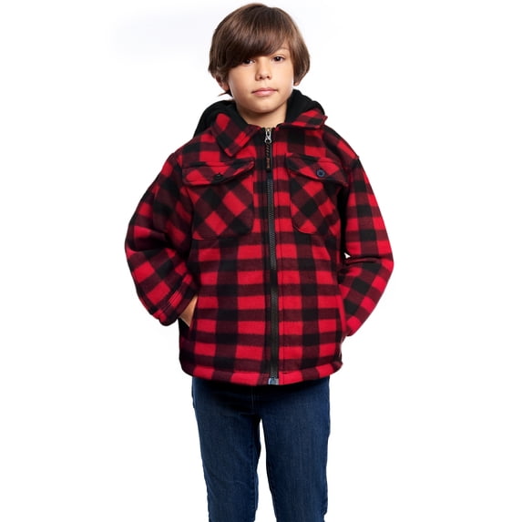 TrailCrest by Treel Kids Hooded Fleece Jacket – Warm Zip Up Plaid Coat with Pockets, Checkered Winter Outerwear, Red & Black Plaid, 3T