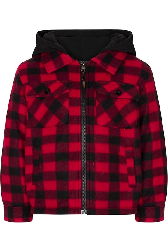 by Treel Kids Hooded Fleece Jacket – Warm Zip Up Plaid Coat with Pockets, Checkered Winter Outerwear, Red & Black Plaid, 3T