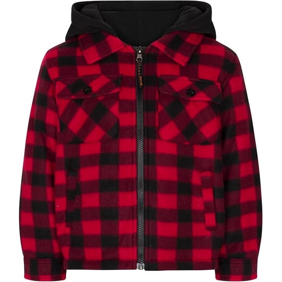TrailCrest by Treel Kids Hooded Fleece Jacket – Warm Zip Up Plaid Coat with Pockets, Checkered Winter Outerwear, Red & Black Plaid, 7/8