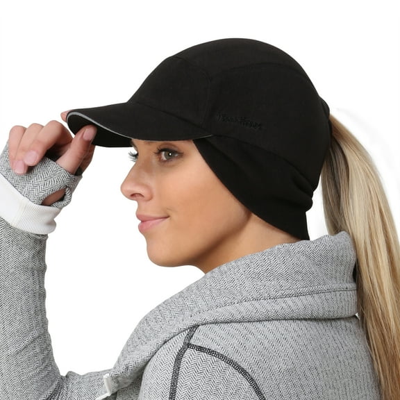 TrailHeads Fleece Ponytail Hat with Drop Down Ear Warmer | The Trailblazer Adventure Hat for Women - black