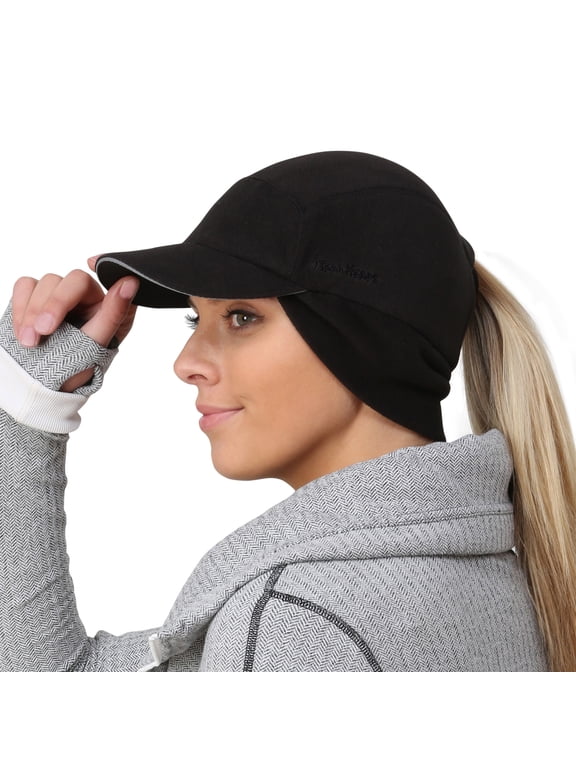 Fleece Ponytail Hat with Drop Down Ear Warmer | The Trailblazer Adventure Hat for Women - black