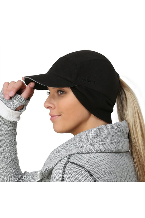 Fleece Ponytail Hat with Drop Down Ear Warmer | The Trailblazer Adventure Hat for Women - black