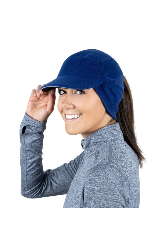 Fleece Ponytail Hat with Drop Down Ear Warmer | The Trailblazer Adventure Hat for Women - heather indigo