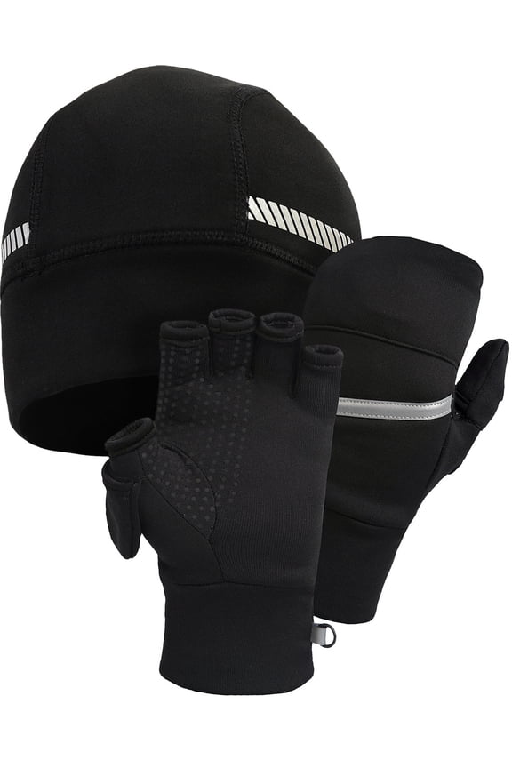 Men's Convertible Mittens and Running Beanie Reflective Gift Set - black (small/medium)
