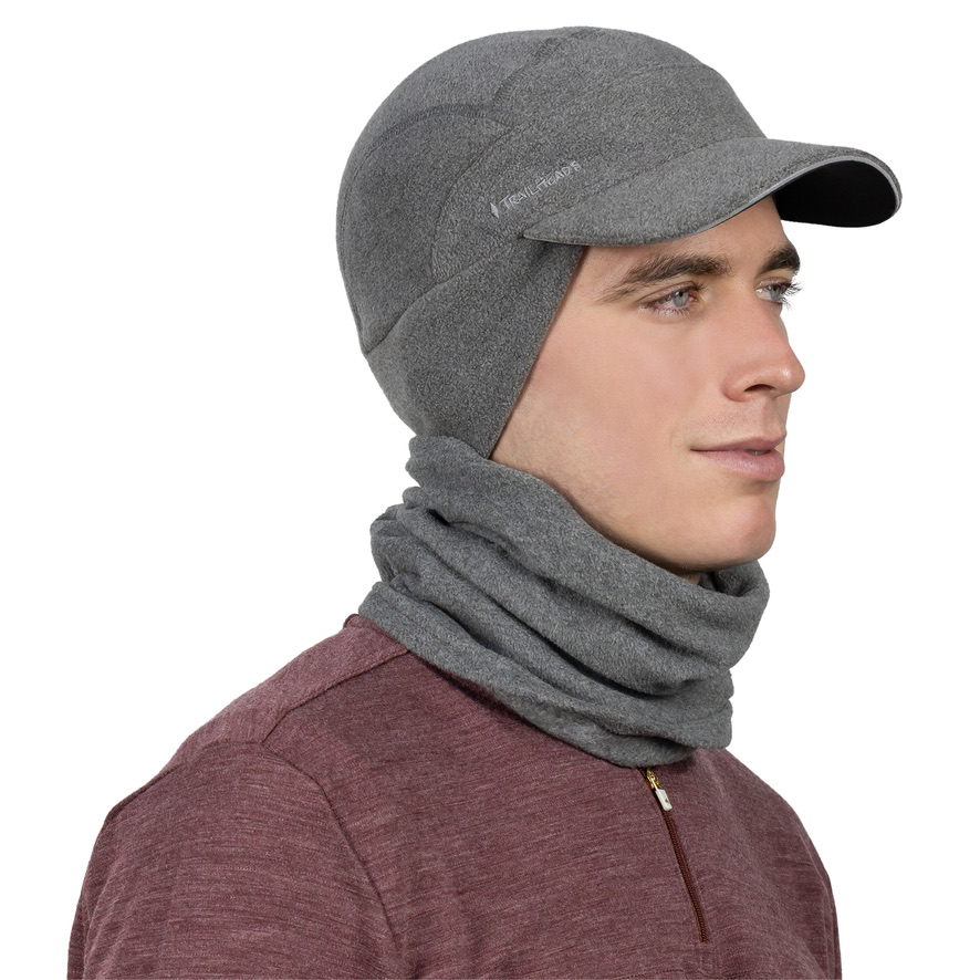 TrailHeads Men's Fleece Ball Cap with Drop Down Ear Warmer | The Trailblazer Adventure Hat - Heather Grey - Gift Set