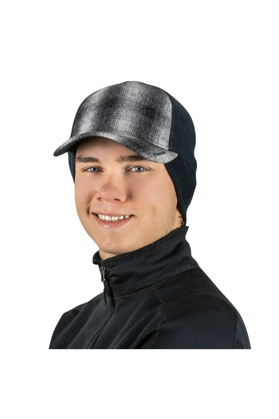 Men's Winter Hat | Trucker Hat with Drop Down Ear Warmers - grey plaid