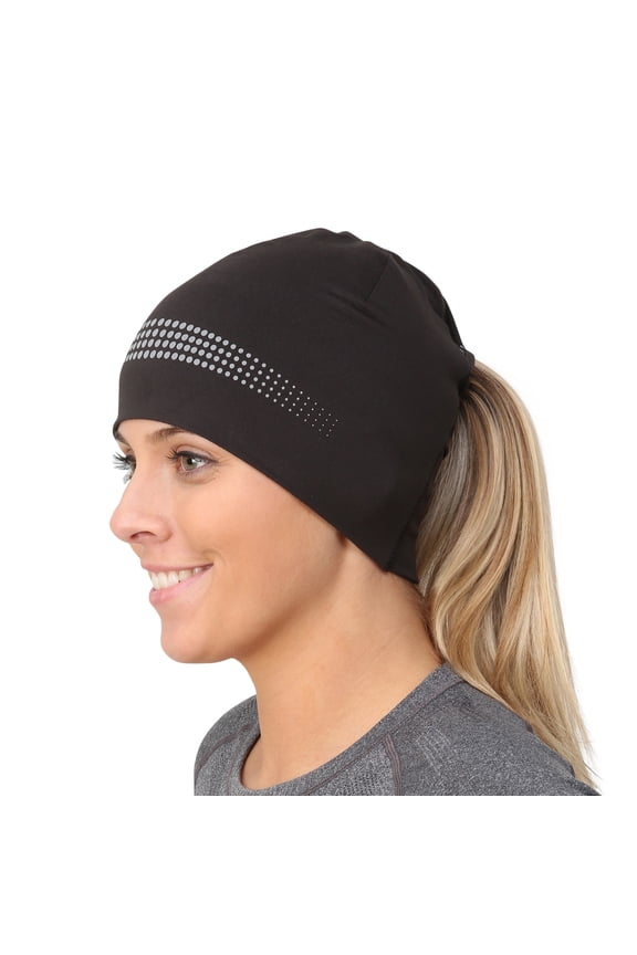 Ponytail Hat - Adrenaline Series | Women’s Running Beanie with Reflective Accents | Black Skull Cap - black / reflective