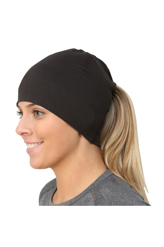 Ponytail Hat - Adrenaline Series | Women’s Running Beanie with Reflective Accents | Black Skull Cap - black