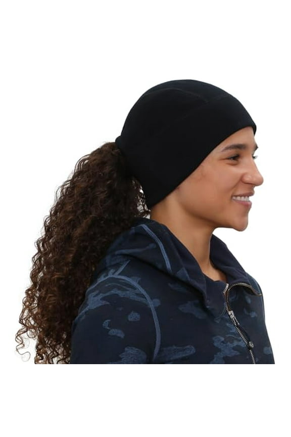 Women’s Merino Wool Beanie - Ponytail Winter Hat For Runners - black