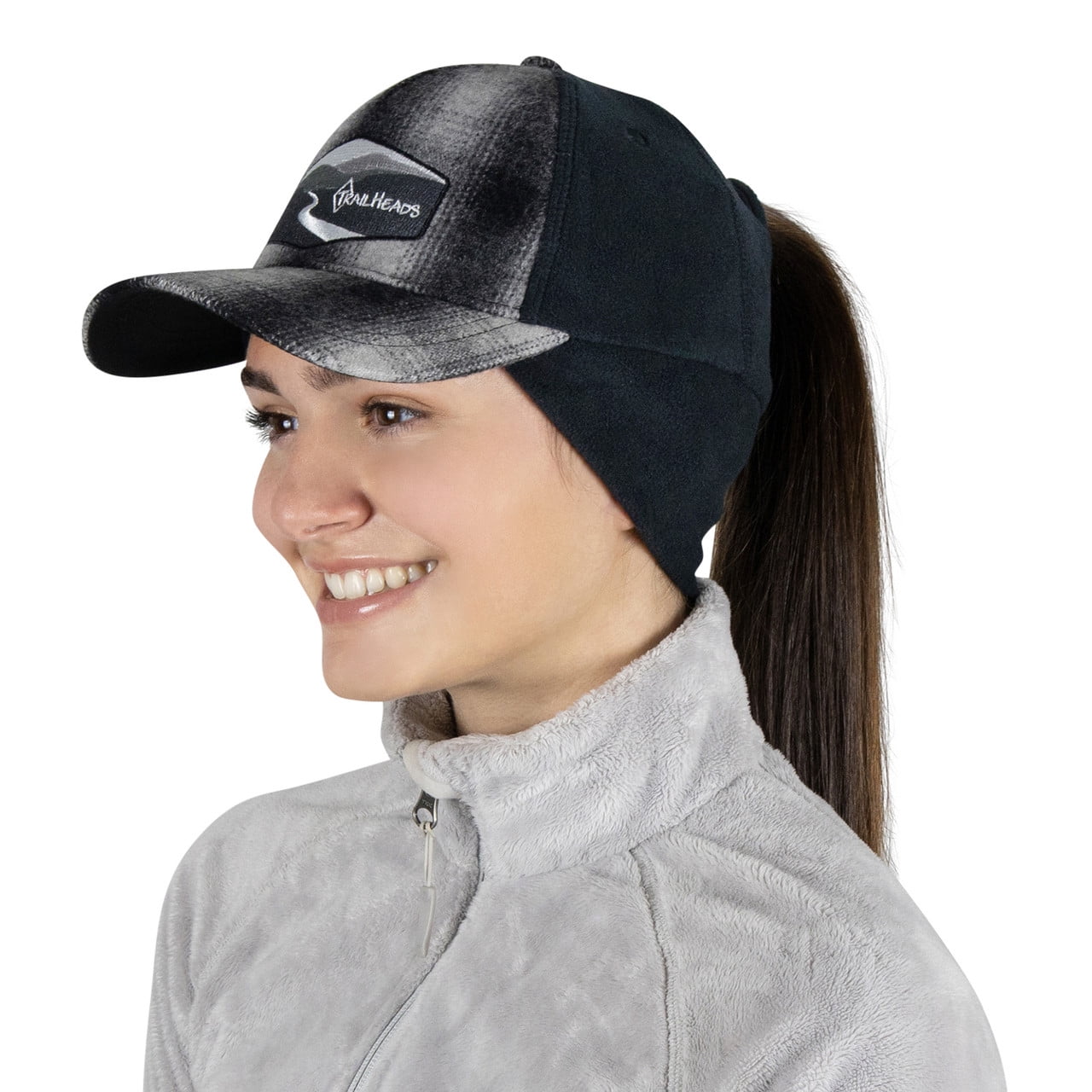 〽️Women’s Grey Plaid Winter Ponytail Trucker Hat with Drop-Down Ear Warmers TrailHeads Women main image 3