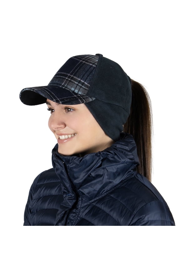 Women's Winter Ponytail Hat | Trucker Hat with drop down ear warmers - blue plaid
