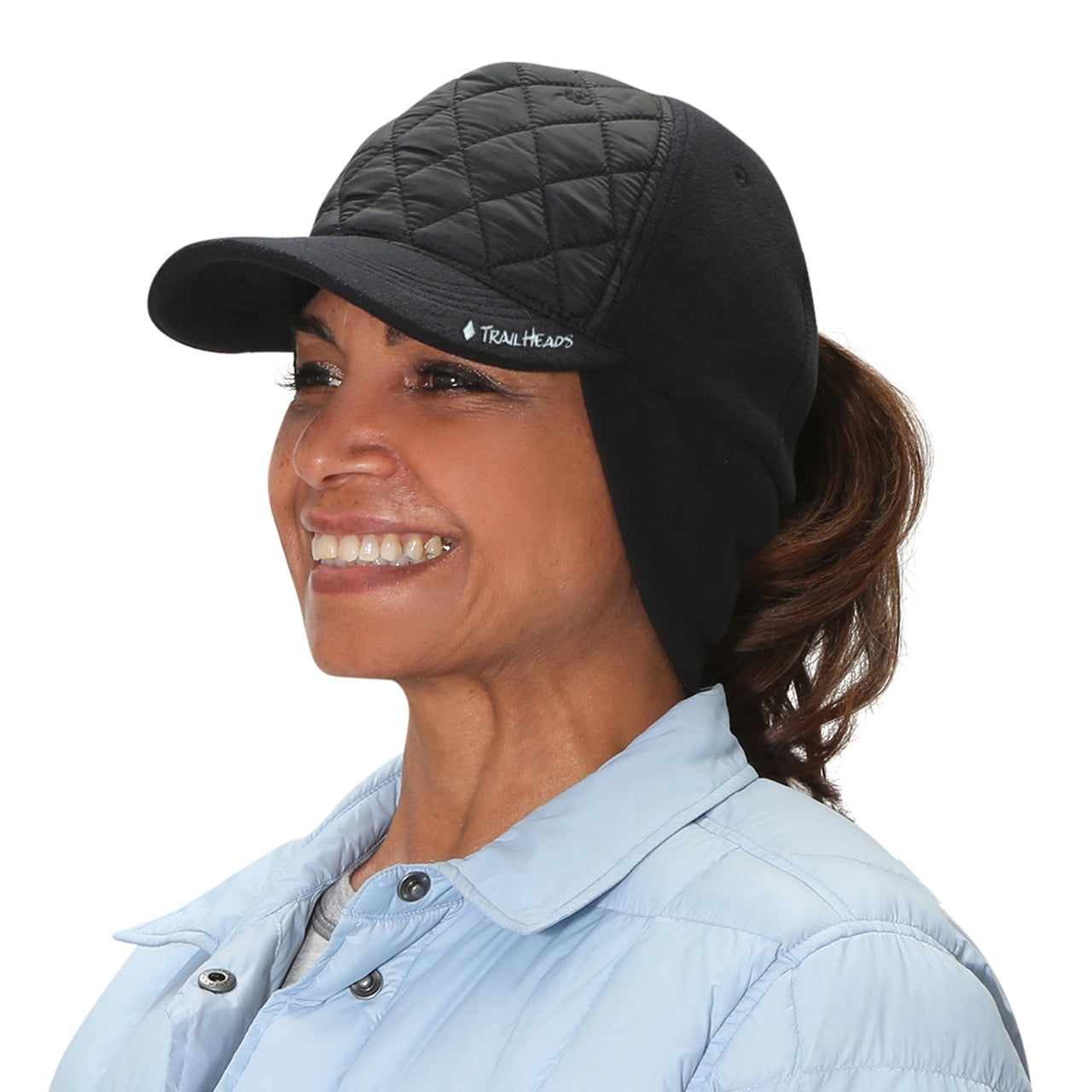 TrailHeads Women's Winter Ponytail Hat | Trucker Hat with drop down ear  warmers - quilted/black