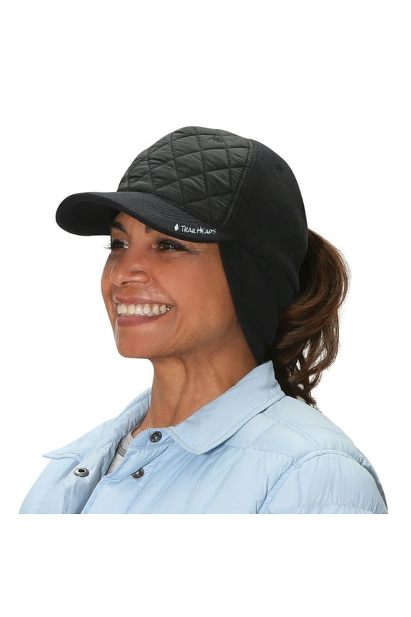 Women's Winter Ponytail Hat | Trucker Hat with drop down ear warmers - quilted/black