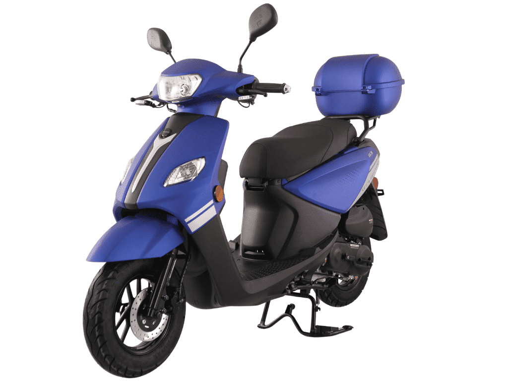 TrailMaster Flash 50 Scooter / Moped, 49.6cc 4-Stroke Engine, Electric & Kick Start, Locking Trunk, Top Speed 25 MPH (Blue)